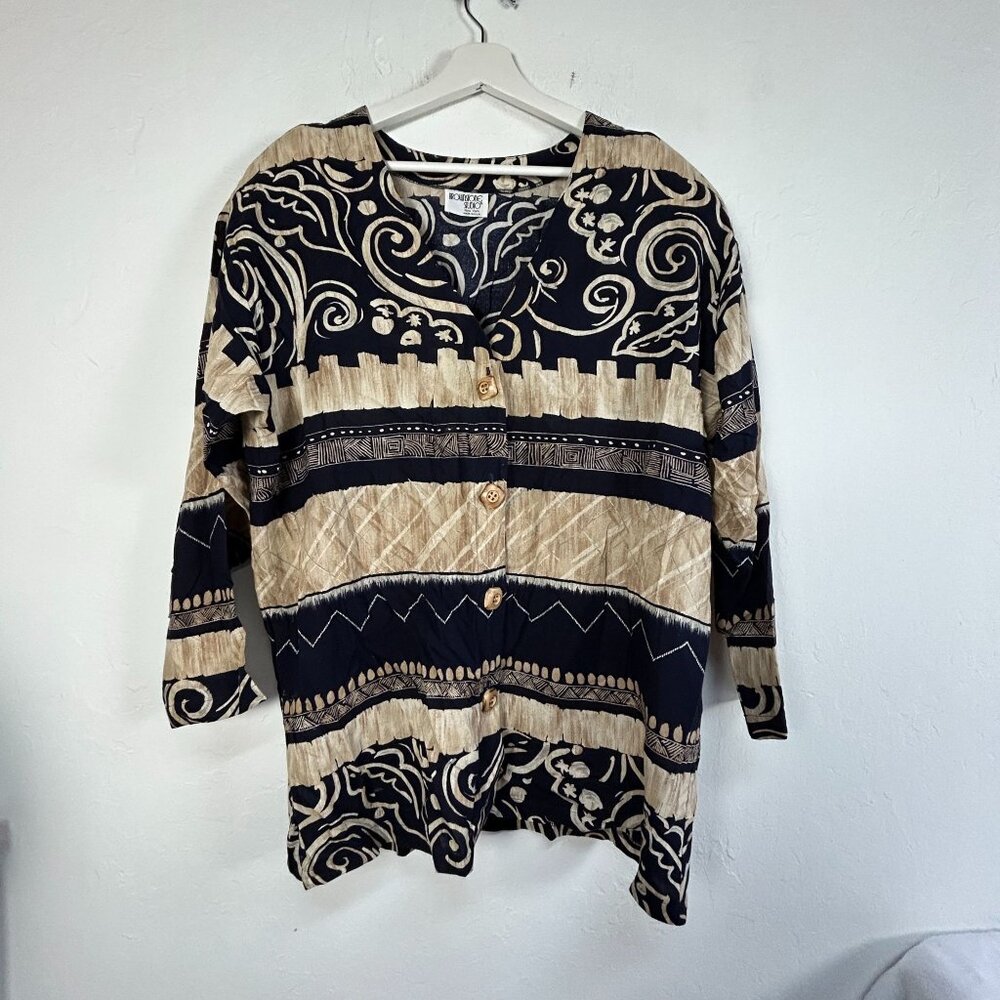 Vintage Brownstone Studio Womens Button-Front Tunic Top Black Abstract Print